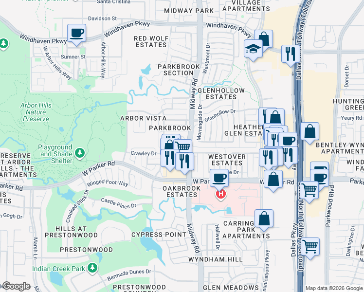 map of restaurants, bars, coffee shops, grocery stores, and more near 6404 Andora Drive in Plano