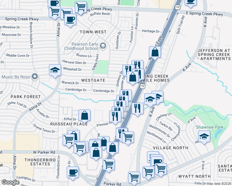 map of restaurants, bars, coffee shops, grocery stores, and more near 700 Cambridge Drive in Plano