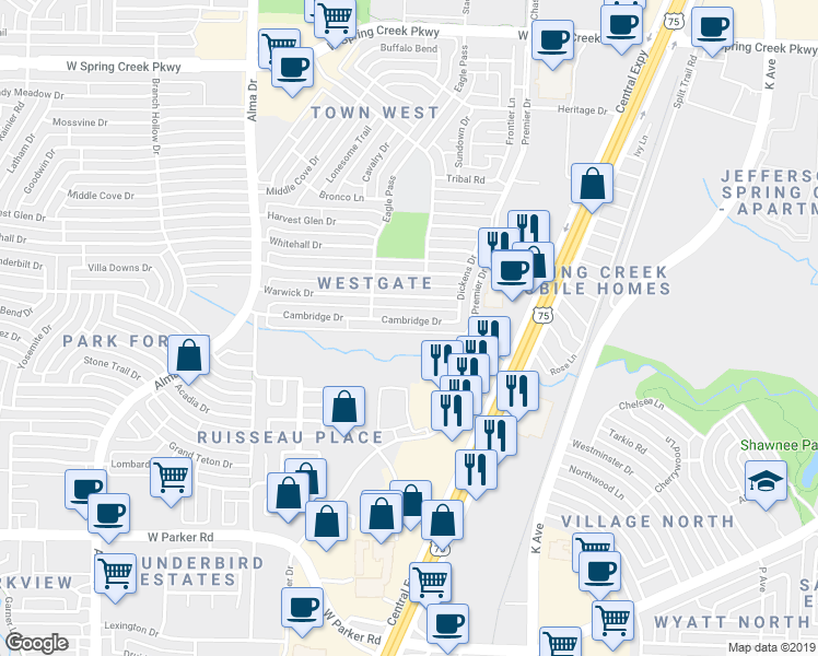 map of restaurants, bars, coffee shops, grocery stores, and more near 724 Cambridge Drive in Plano