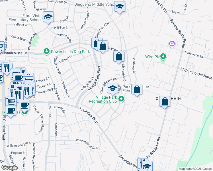 map of restaurants, bars, coffee shops, grocery stores, and more near 225 Countryhaven Road in Encinitas