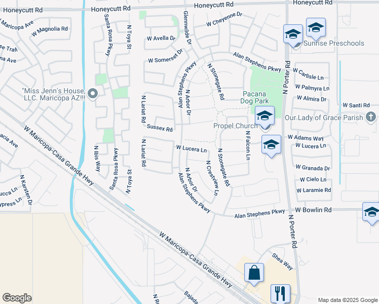map of restaurants, bars, coffee shops, grocery stores, and more near 42243 West Lucera Lane in Maricopa