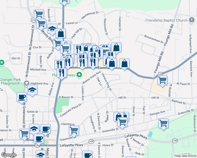 map of restaurants, bars, coffee shops, grocery stores, and more near 118 Oak Lane in LaGrange