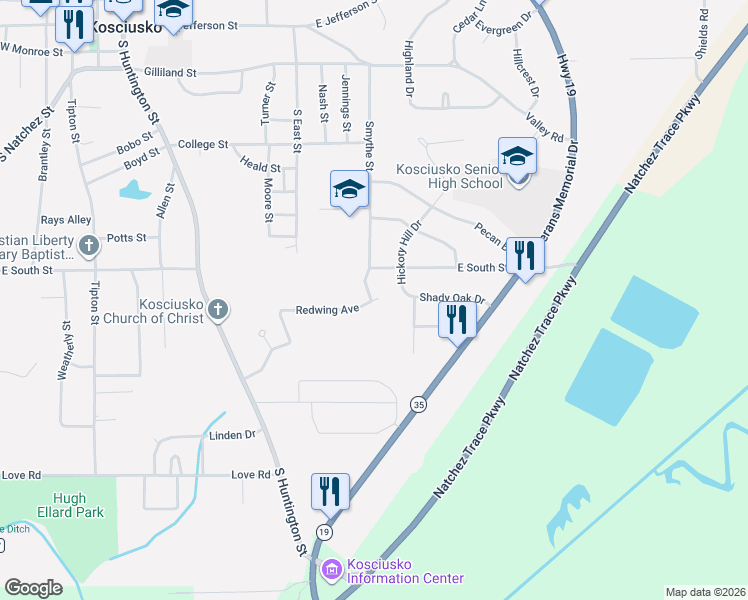 map of restaurants, bars, coffee shops, grocery stores, and more near 708 Smythe Street in Kosciusko