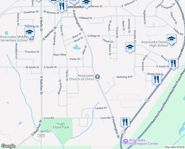 map of restaurants, bars, coffee shops, grocery stores, and more near 811 South Huntington Street in Kosciusko