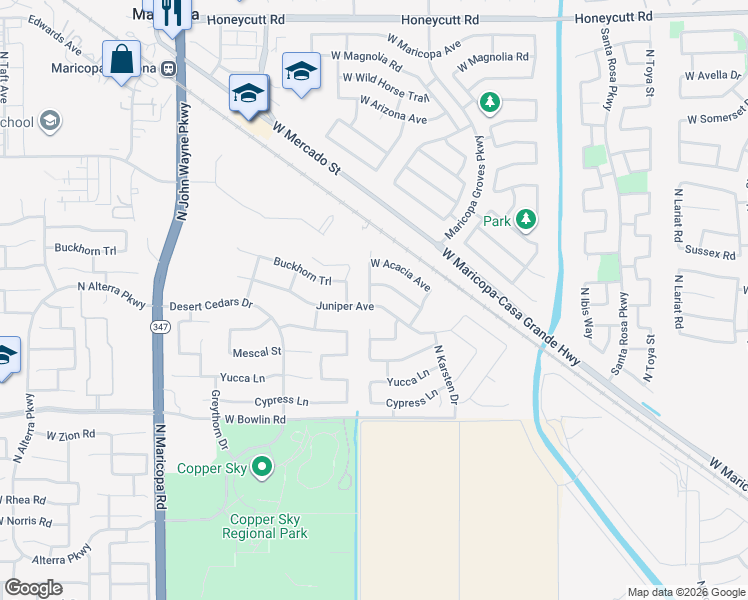 map of restaurants, bars, coffee shops, grocery stores, and more near 43759 Buckhorn Trail in Maricopa