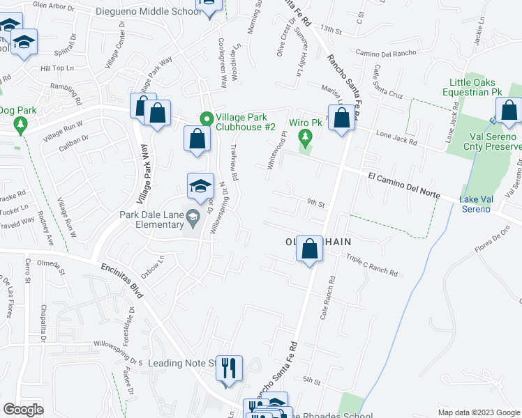 map of restaurants, bars, coffee shops, grocery stores, and more near 584 Rancho Santa Fe Road in Encinitas
