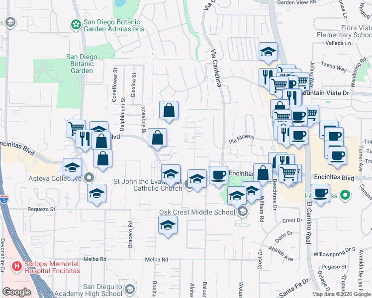map of restaurants, bars, coffee shops, grocery stores, and more near 230 Seeman Drive in Encinitas