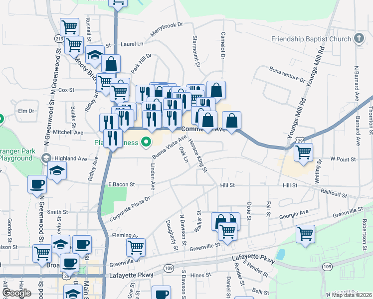 map of restaurants, bars, coffee shops, grocery stores, and more near 118 Oak Lane in LaGrange