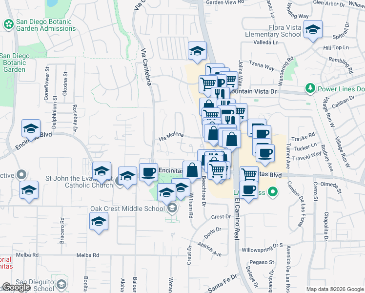 map of restaurants, bars, coffee shops, grocery stores, and more near 1317 Via Terrassa in Encinitas