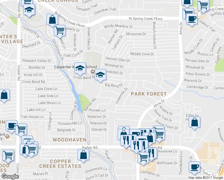 map of restaurants, bars, coffee shops, grocery stores, and more near 1409 Natchez Drive in Plano