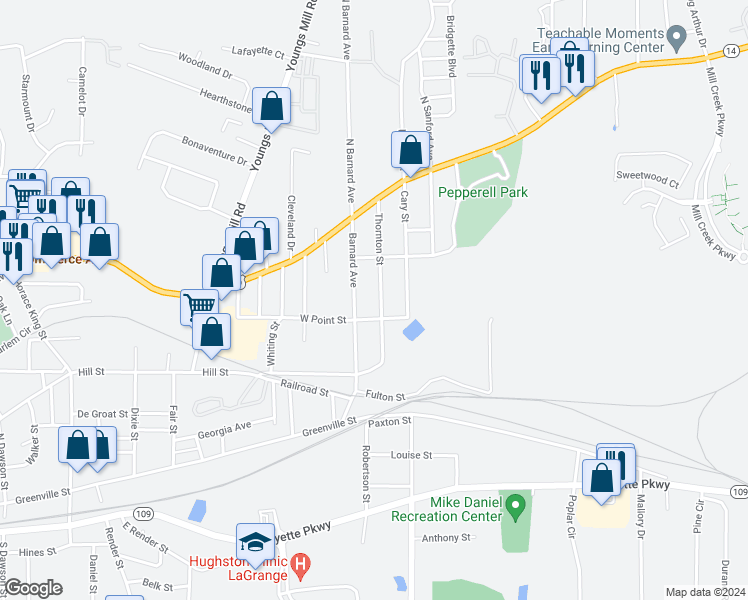 map of restaurants, bars, coffee shops, grocery stores, and more near 17 Thornton Street in LaGrange