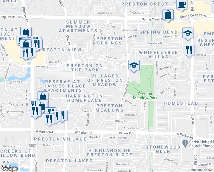 map of restaurants, bars, coffee shops, grocery stores, and more near 3601 Dandelion Drive in Plano
