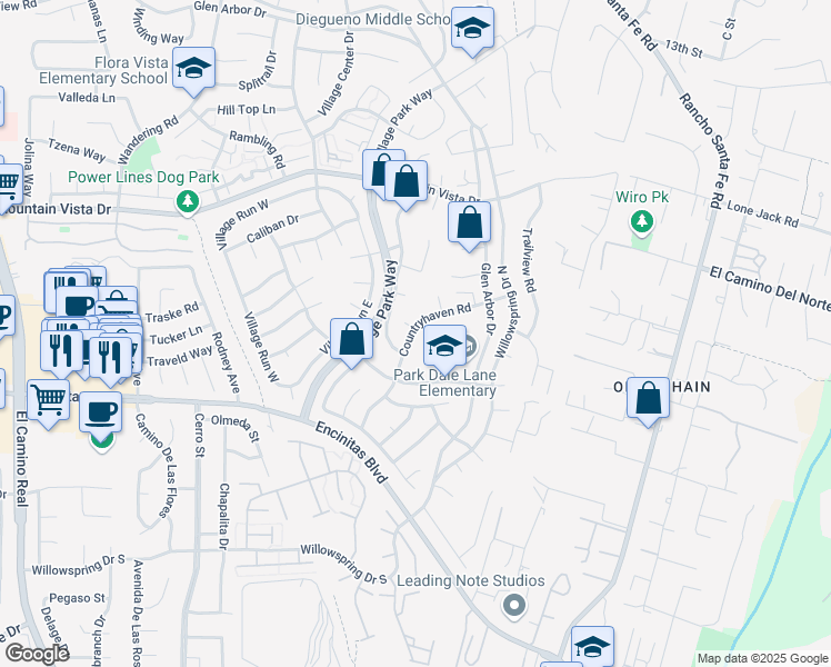 map of restaurants, bars, coffee shops, grocery stores, and more near 219 Countryhaven Road in Encinitas