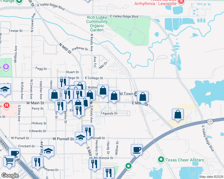 map of restaurants, bars, coffee shops, grocery stores, and more near 414 E Walters St in Lewisville
