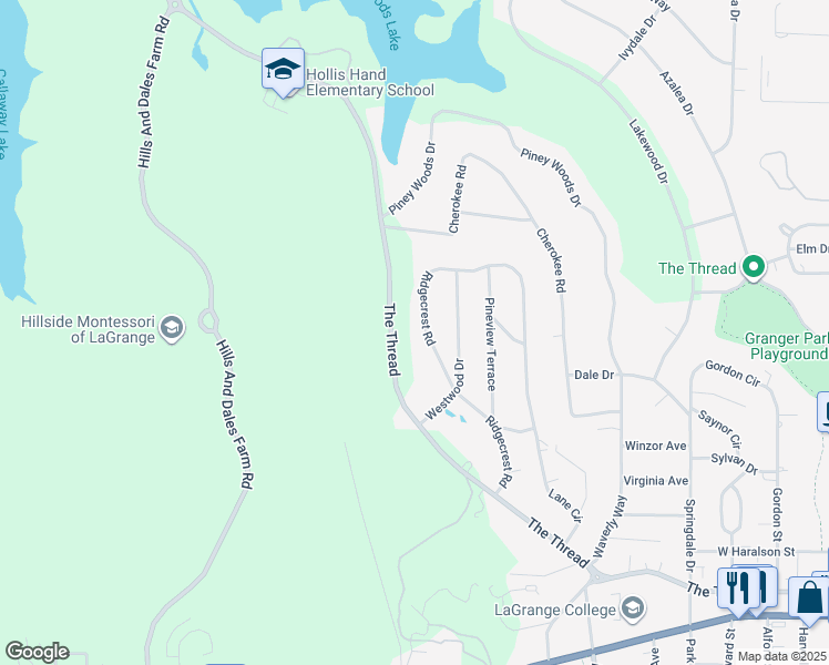 map of restaurants, bars, coffee shops, grocery stores, and more near 724 Ridgecrest Road in LaGrange
