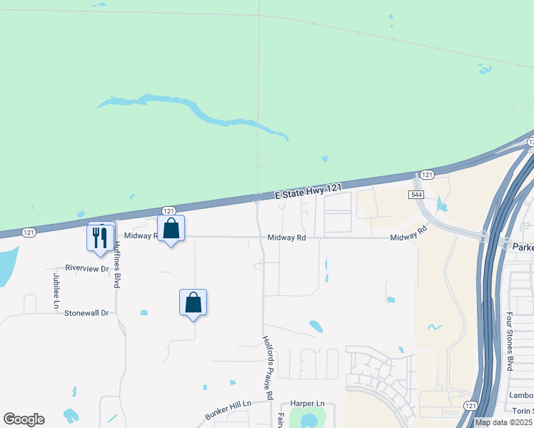 map of restaurants, bars, coffee shops, grocery stores, and more near 101 Holfords Prairie Road in Lewisville