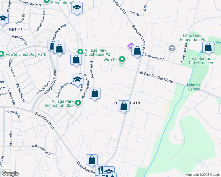 map of restaurants, bars, coffee shops, grocery stores, and more near 582 Rancho Santa Fe Road in Encinitas