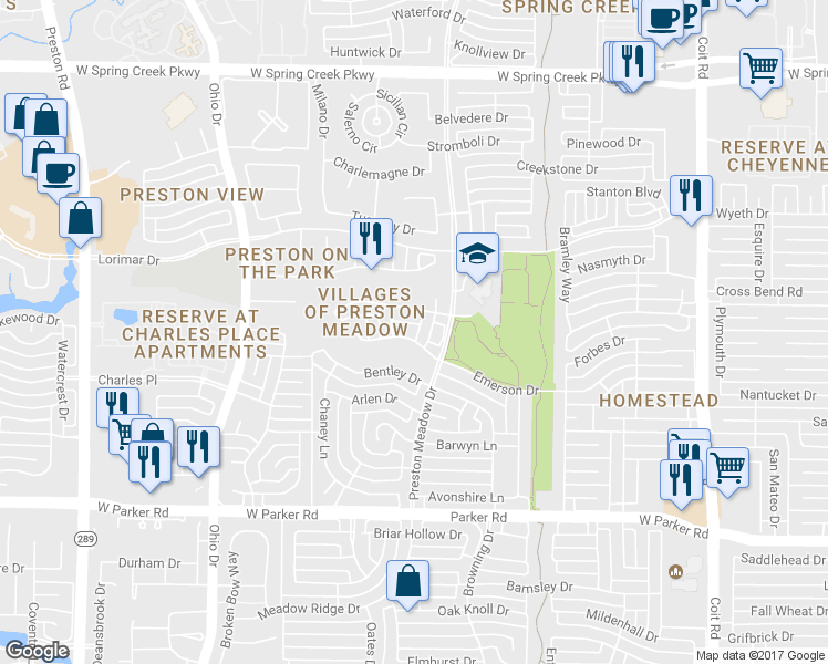 map of restaurants, bars, coffee shops, grocery stores, and more near 4517 Emerson Drive in Plano
