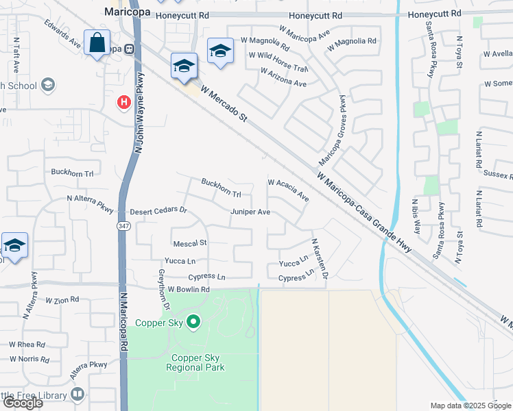 map of restaurants, bars, coffee shops, grocery stores, and more near 18509 North Larkspur Drive in Maricopa