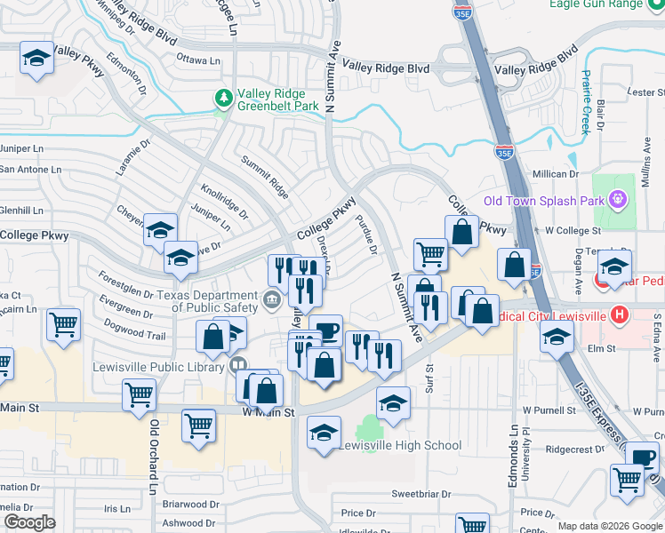 map of restaurants, bars, coffee shops, grocery stores, and more near 1028 Dartmouth Drive in Lewisville