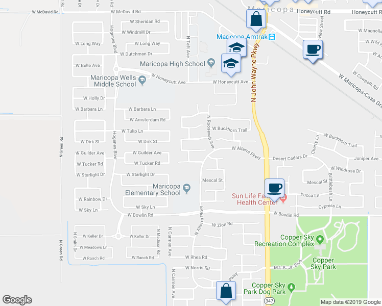 map of restaurants, bars, coffee shops, grocery stores, and more near 45293 West Desert Cedars Lane in Maricopa