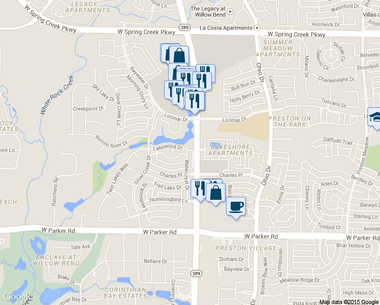 map of restaurants, bars, coffee shops, grocery stores, and more near 3712 Watercrest Drive in Plano