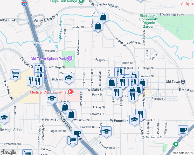 map of restaurants, bars, coffee shops, grocery stores, and more near 360 W Walters St in Lewisville
