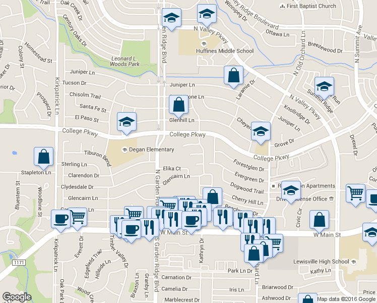 map of restaurants, bars, coffee shops, grocery stores, and more near 1525 Merryvale Ct in Lewisville