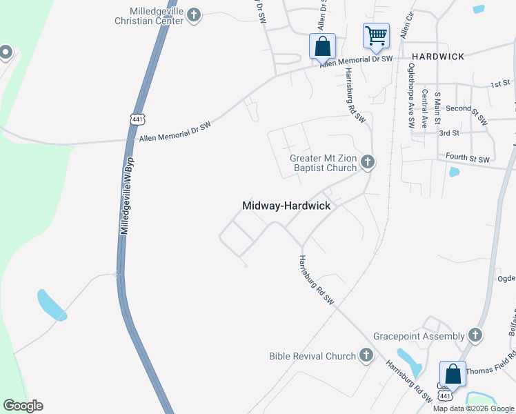 map of restaurants, bars, coffee shops, grocery stores, and more near 170 Laverne Circle Southwest in Milledgeville