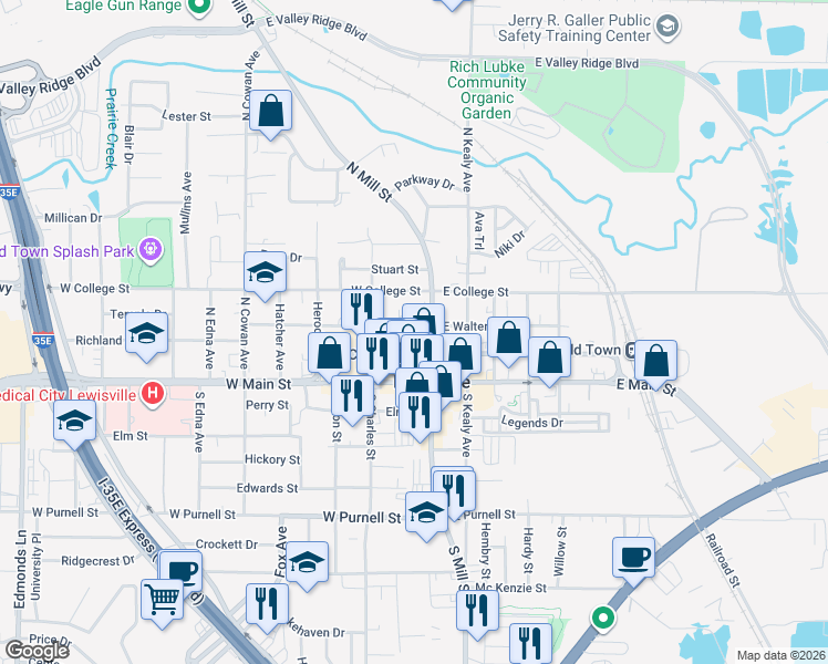 map of restaurants, bars, coffee shops, grocery stores, and more near 108 West Walters Street in Lewisville
