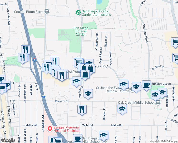 map of restaurants, bars, coffee shops, grocery stores, and more near 679 Encinitas Boulevard in Encinitas