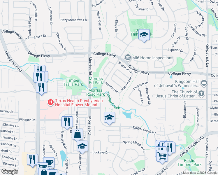 map of restaurants, bars, coffee shops, grocery stores, and more near 1813 Newton Drive in Flower Mound