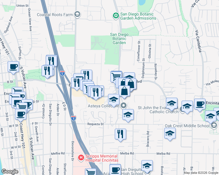 map of restaurants, bars, coffee shops, grocery stores, and more near 116 Quail Gardens Drive in Encinitas