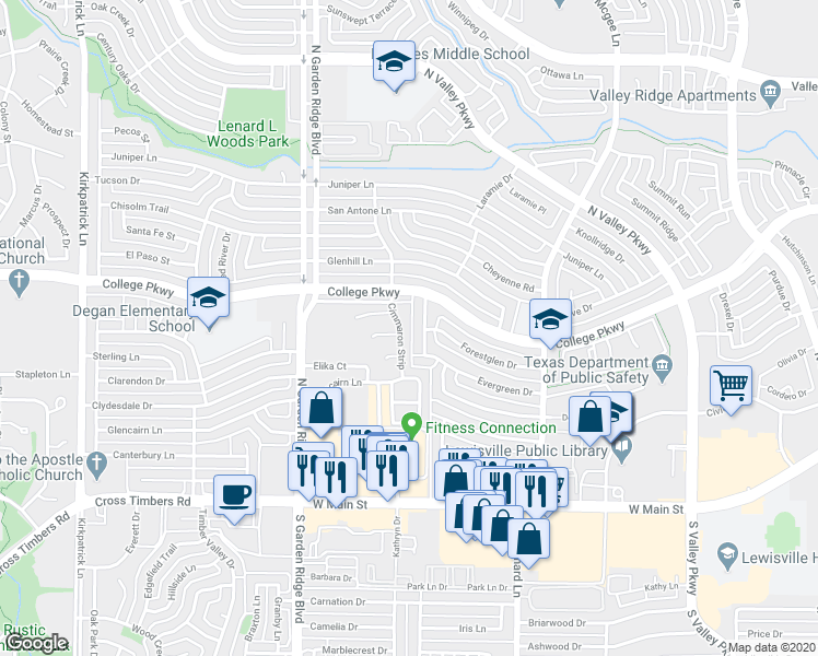 map of restaurants, bars, coffee shops, grocery stores, and more near 541 Cimmaron Strip in Lewisville