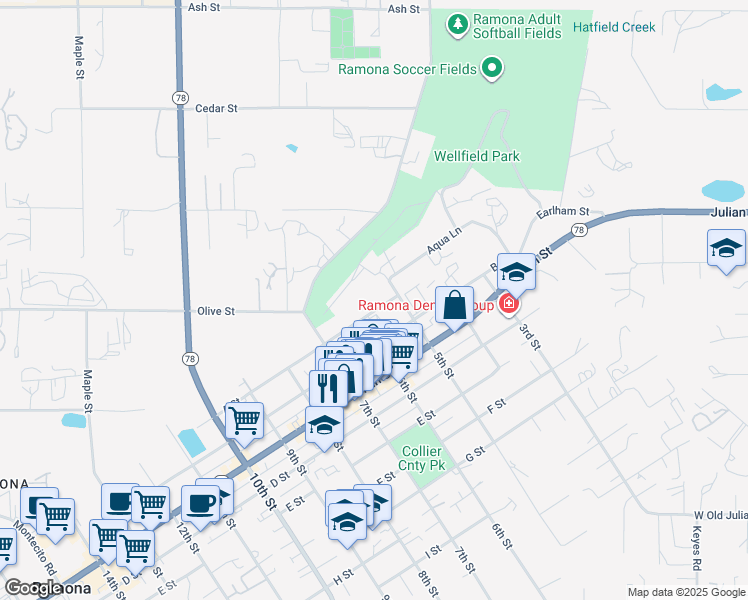 map of restaurants, bars, coffee shops, grocery stores, and more near 500 A Street in Ramona