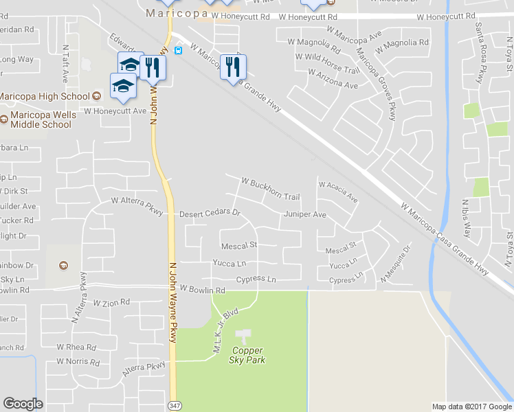 map of restaurants, bars, coffee shops, grocery stores, and more near 44191 Juniper Avenue in Maricopa