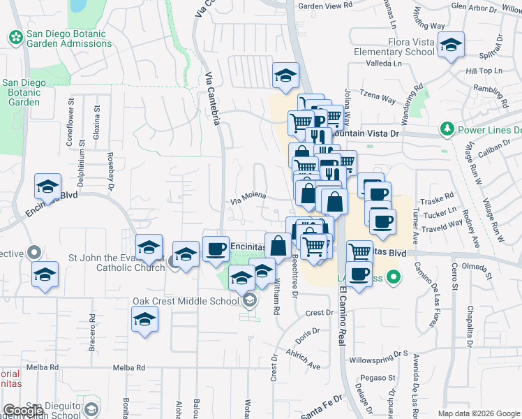 map of restaurants, bars, coffee shops, grocery stores, and more near 1319 Via Terrassa in Encinitas