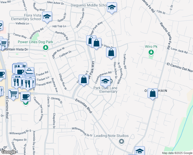 map of restaurants, bars, coffee shops, grocery stores, and more near 218 Countryhaven Road in Encinitas