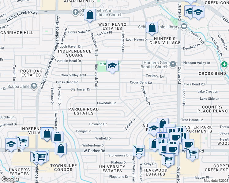 map of restaurants, bars, coffee shops, grocery stores, and more near 2504 Glenhaven Drive in Plano