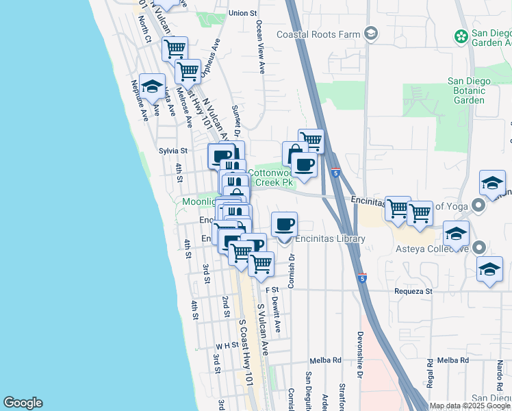 map of restaurants, bars, coffee shops, grocery stores, and more near 318 Playa Blanca in Encinitas