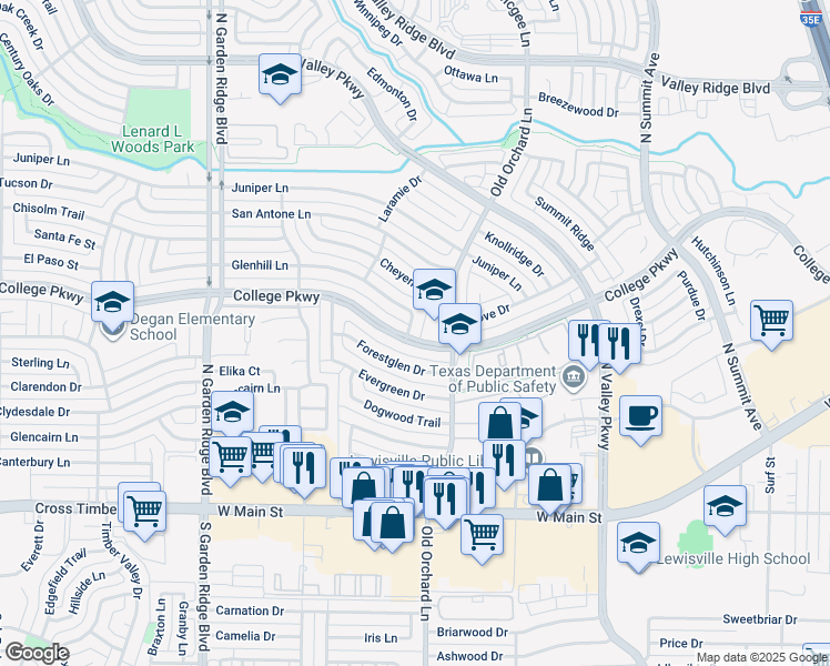 map of restaurants, bars, coffee shops, grocery stores, and more near 601 Glenhill Lane in Lewisville