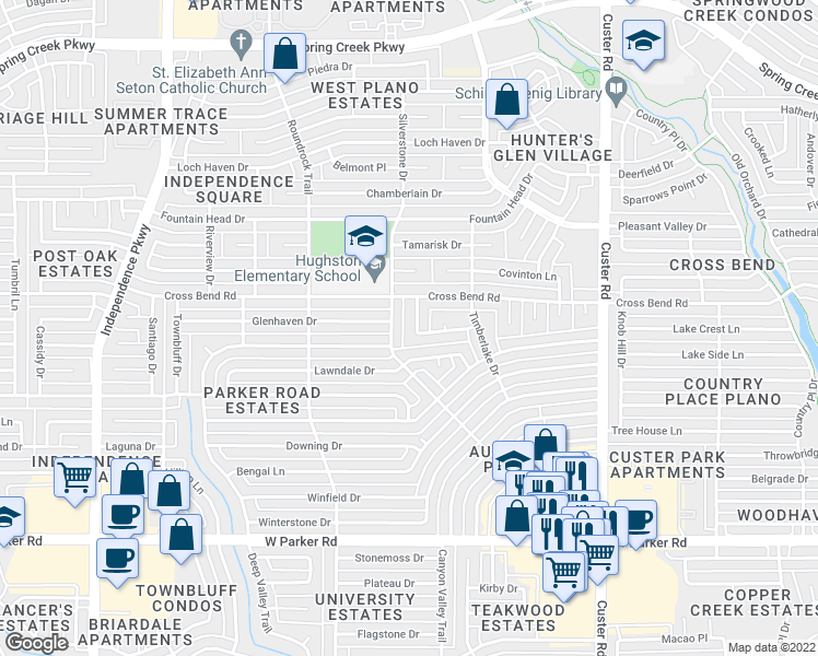 map of restaurants, bars, coffee shops, grocery stores, and more near 3805 Torrey Manor in Plano