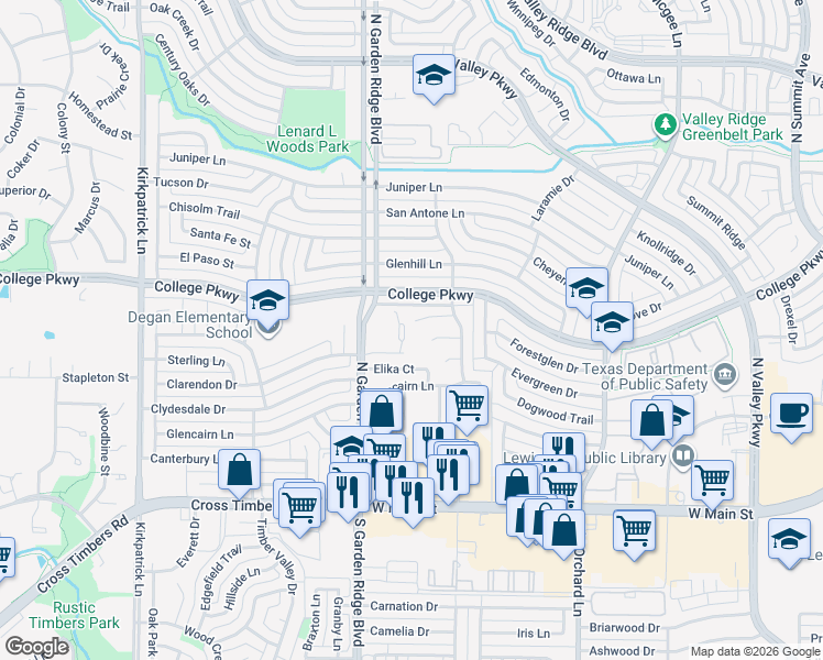 map of restaurants, bars, coffee shops, grocery stores, and more near 1525 Merryvale Court in Lewisville