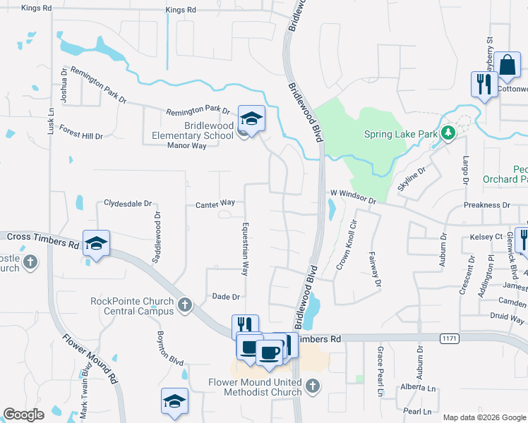 map of restaurants, bars, coffee shops, grocery stores, and more near 4217 Mustang Trail in Flower Mound
