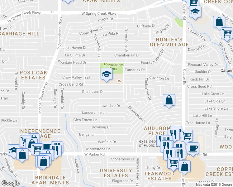 map of restaurants, bars, coffee shops, grocery stores, and more near 2504 Glenhaven Drive in Plano