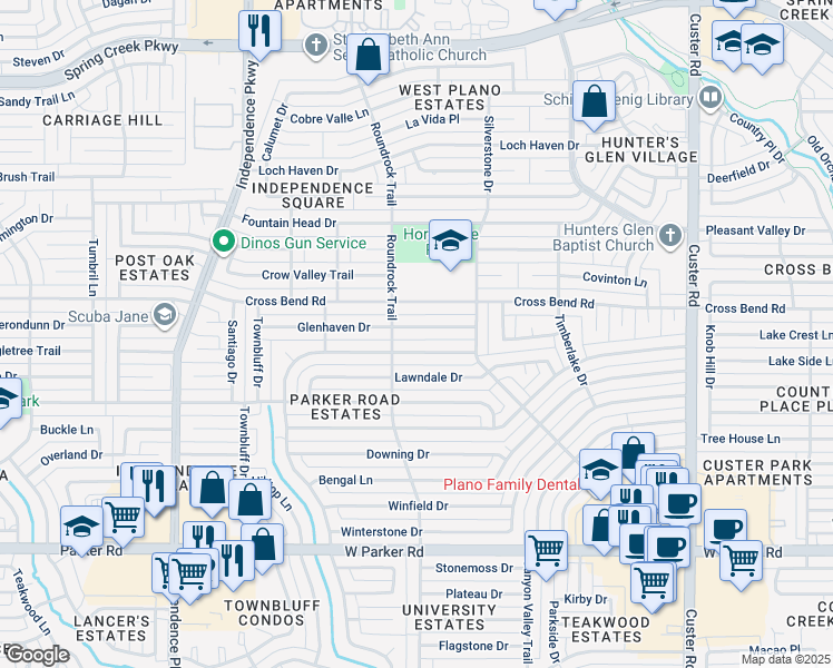 map of restaurants, bars, coffee shops, grocery stores, and more near 2616 Glenhaven Drive in Plano