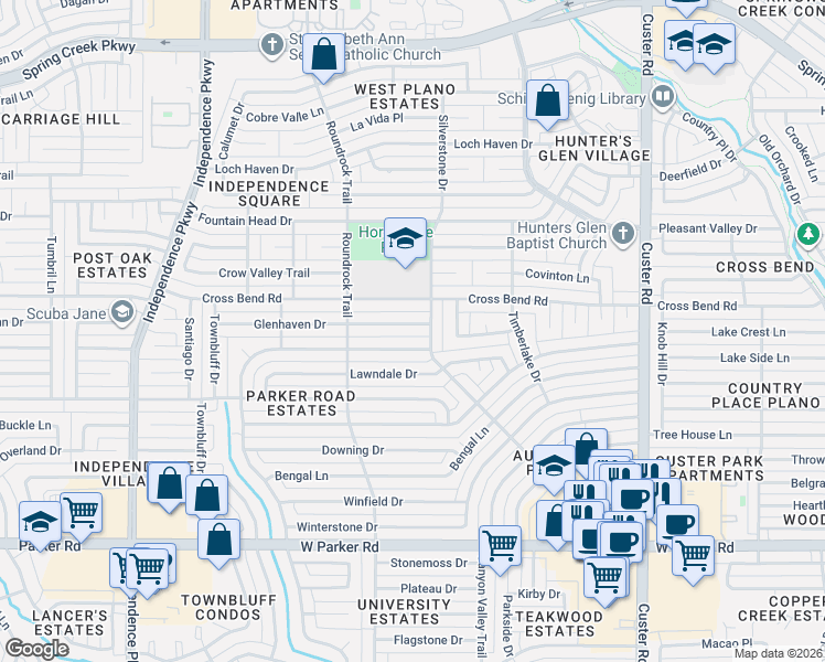 map of restaurants, bars, coffee shops, grocery stores, and more near 2504 Glenhaven Drive in Plano