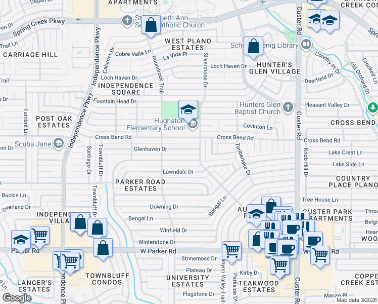 map of restaurants, bars, coffee shops, grocery stores, and more near 2504 Glenhaven Drive in Plano