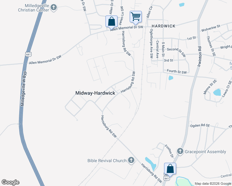 map of restaurants, bars, coffee shops, grocery stores, and more near 207 Harrisburg Road Southwest in Milledgeville
