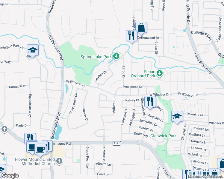 map of restaurants, bars, coffee shops, grocery stores, and more near 3617 Gallop Court in Flower Mound